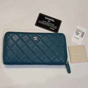 Chanel Teal Zip Around Quilted Wallet